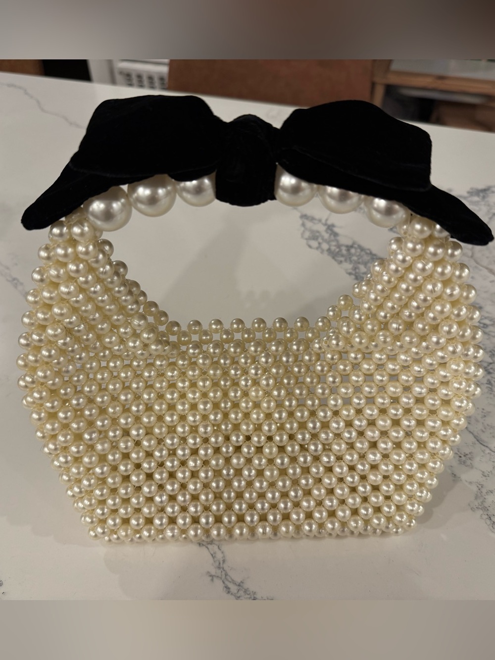Pearl Beaded Handbag with Black Velvet Bow